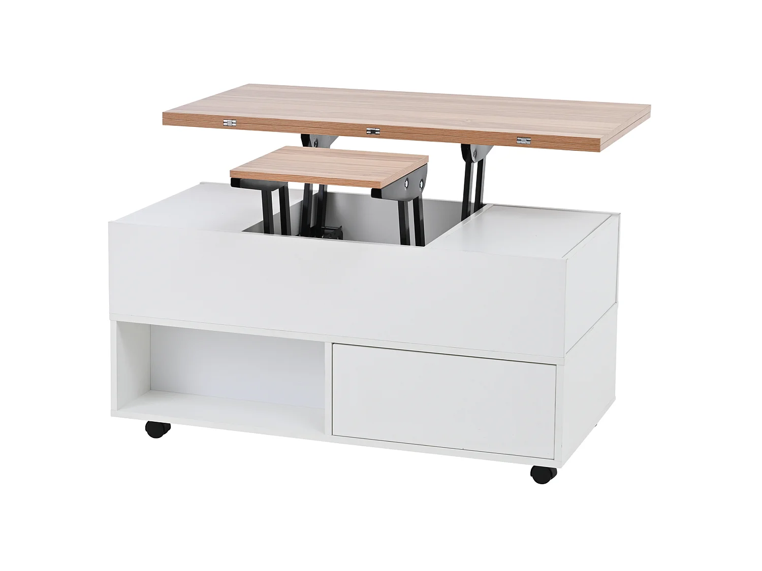 Tavolino da salotto in truciolare bianco e rovere 100 x 50 cm, piano sollevabile e 4 cassetti