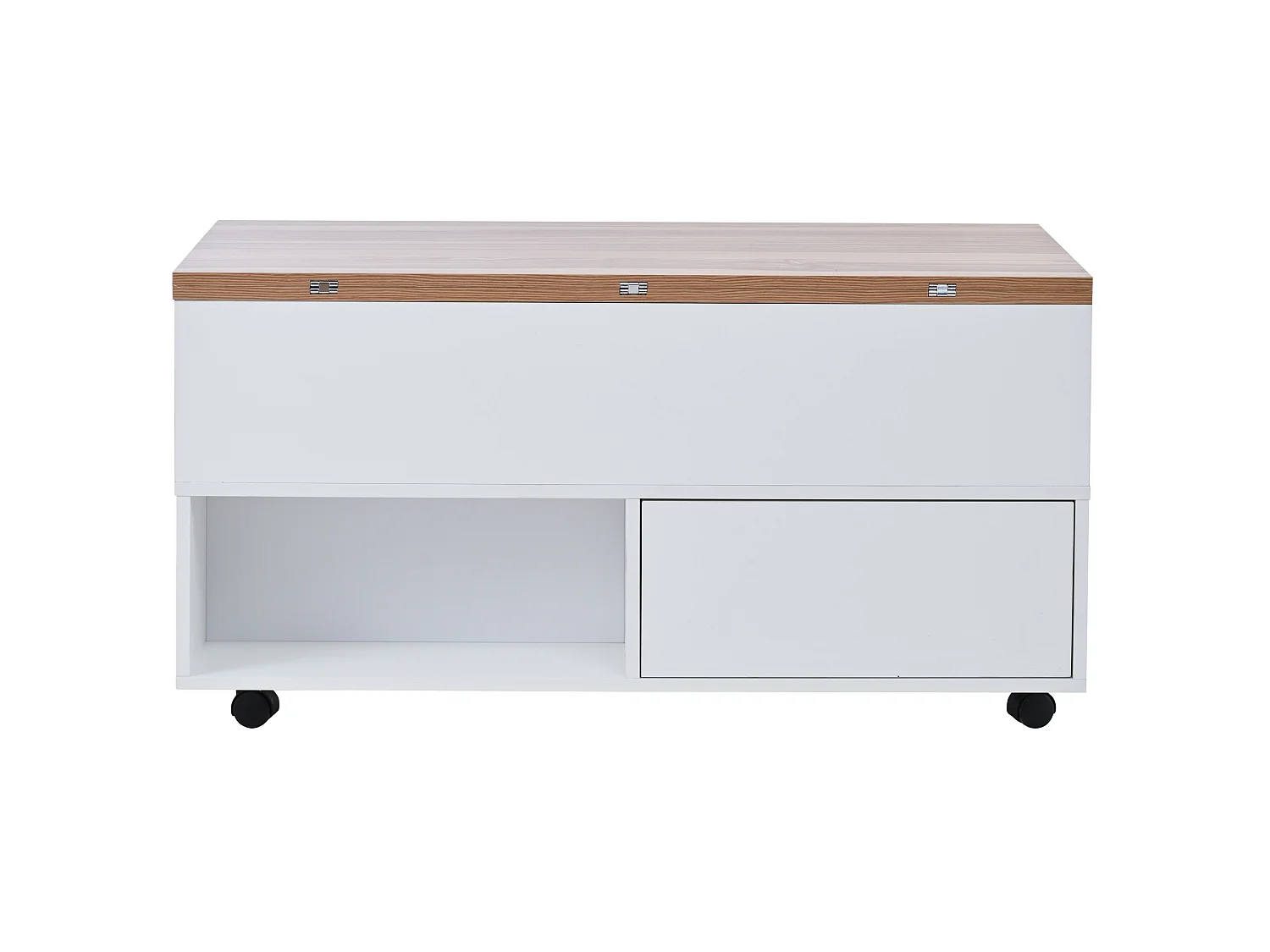 Tavolino da salotto in truciolare bianco e rovere 100 x 50 cm, piano sollevabile e 4 cassetti