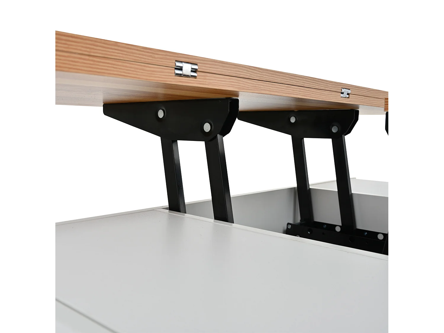 Tavolino da salotto in truciolare bianco e rovere 100 x 50 cm, piano sollevabile e 4 cassetti