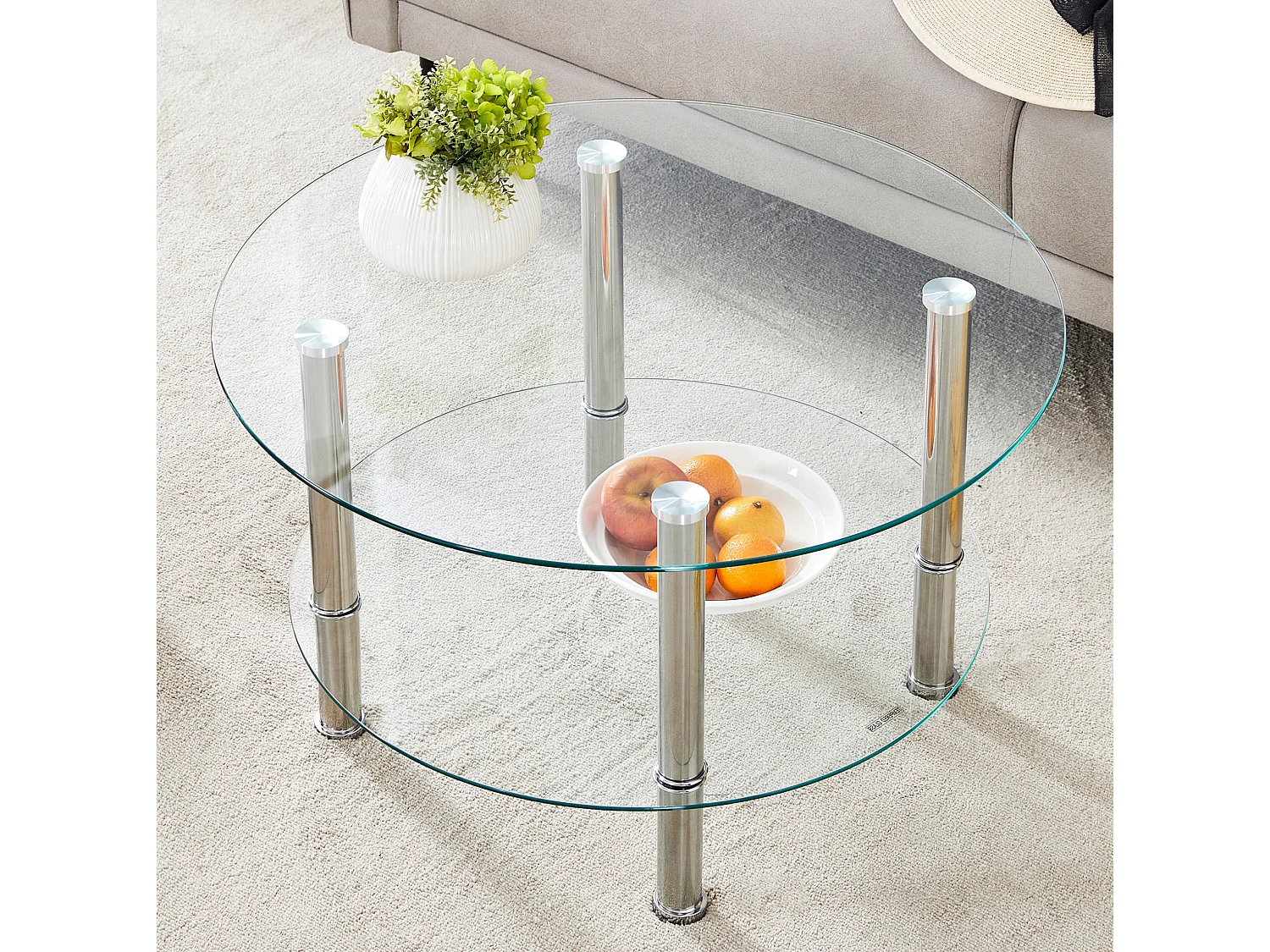 Table basse 70/42/60 cm avec deux niveaux Verre trempé transparent et métal argenté