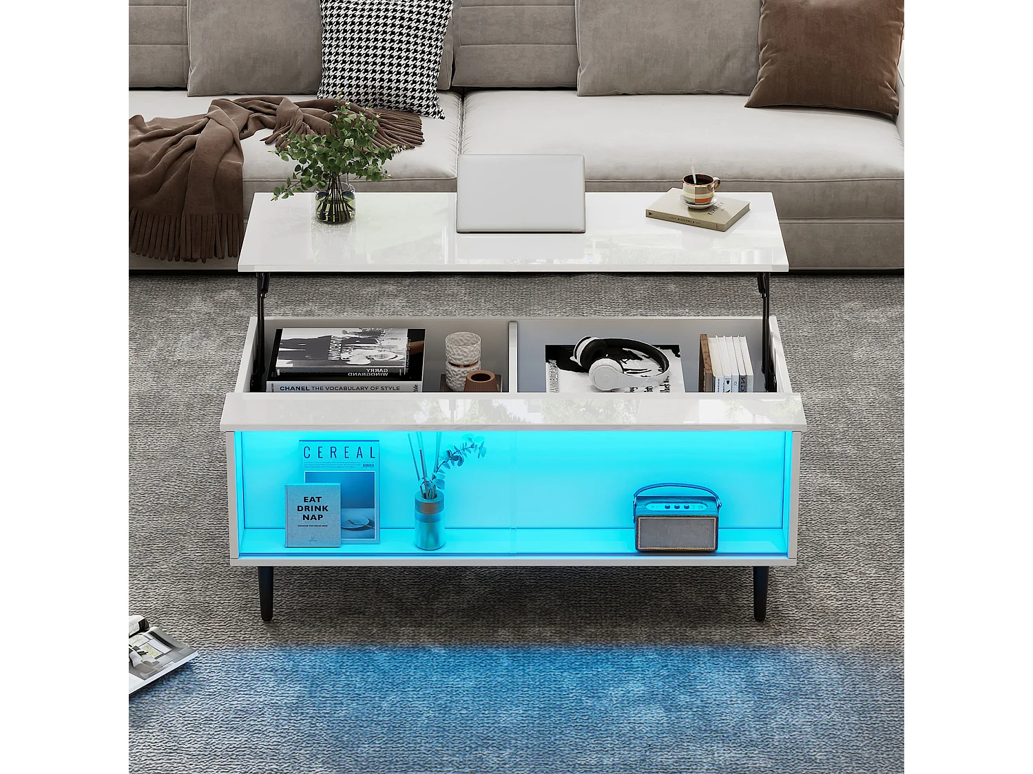 Mesa de centro elevatória em aglomerado branco, 105 x 50 cm, com arrumação e iluminação LED