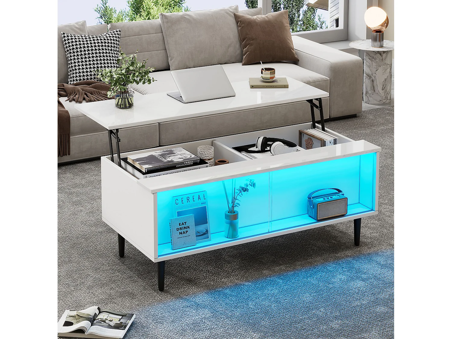 Mesa de centro elevatória em aglomerado branco, 105 x 50 cm, com arrumação e iluminação LED