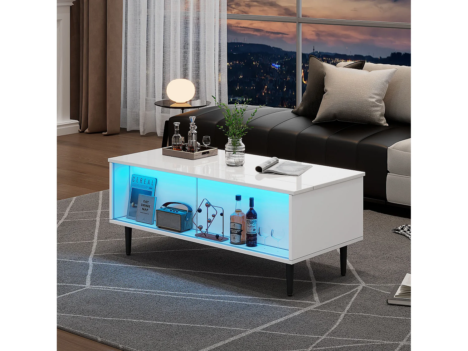 Mesa de centro elevatória em aglomerado branco, 105 x 50 cm, com arrumação e iluminação LED