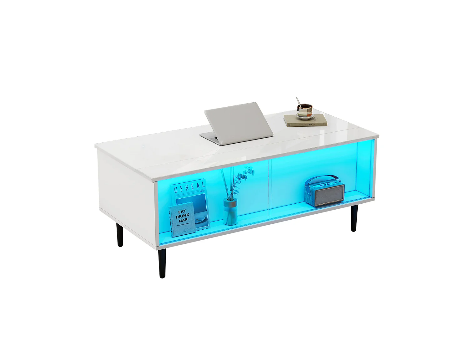 Mesa de centro elevatória em aglomerado branco, 105 x 50 cm, com arrumação e iluminação LED
