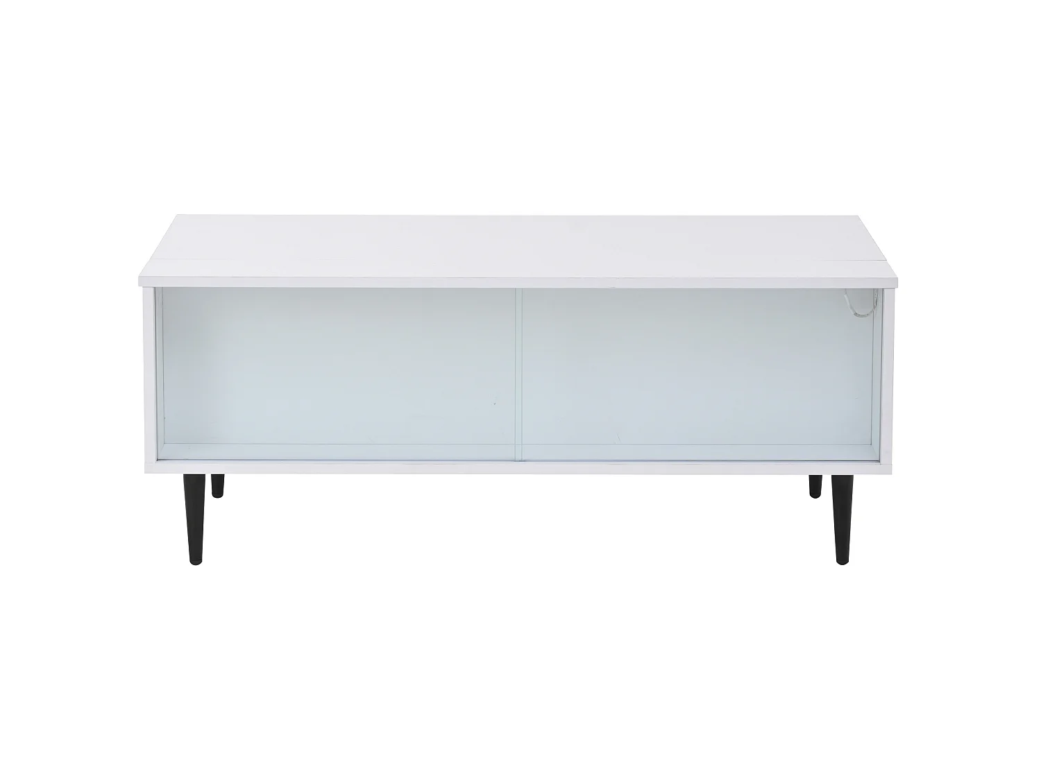 Mesa de centro elevatória em aglomerado branco, 105 x 50 cm, com arrumação e iluminação LED
