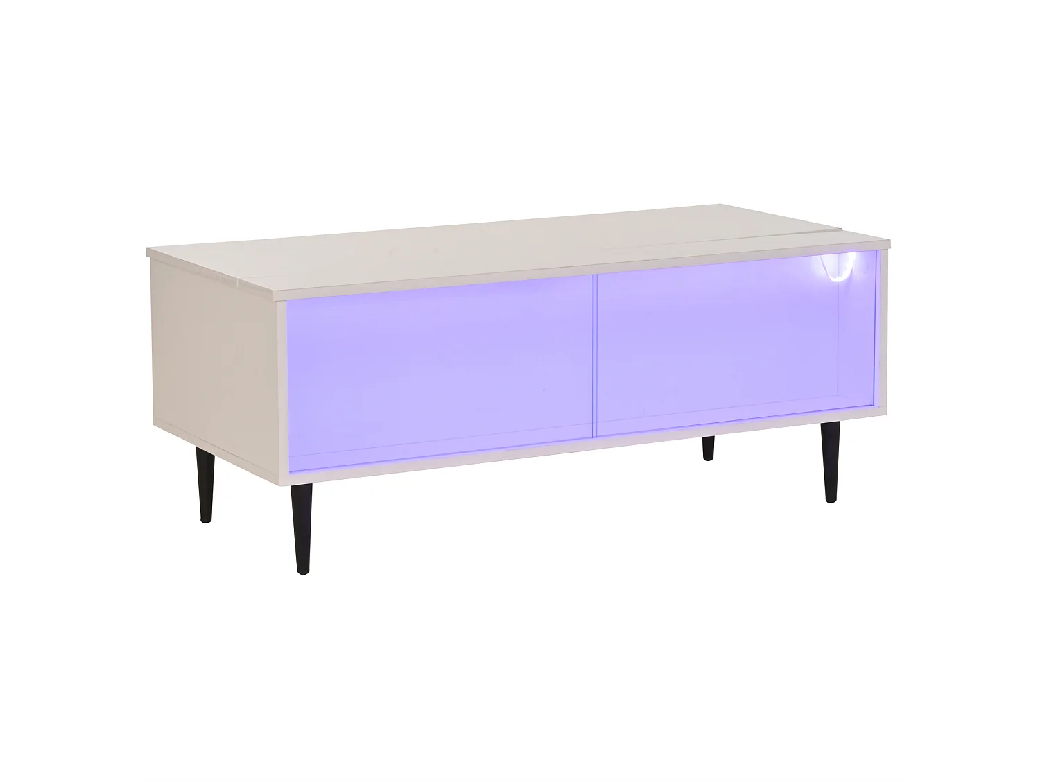 Mesa de centro elevatória em aglomerado branco, 105 x 50 cm, com arrumação e iluminação LED