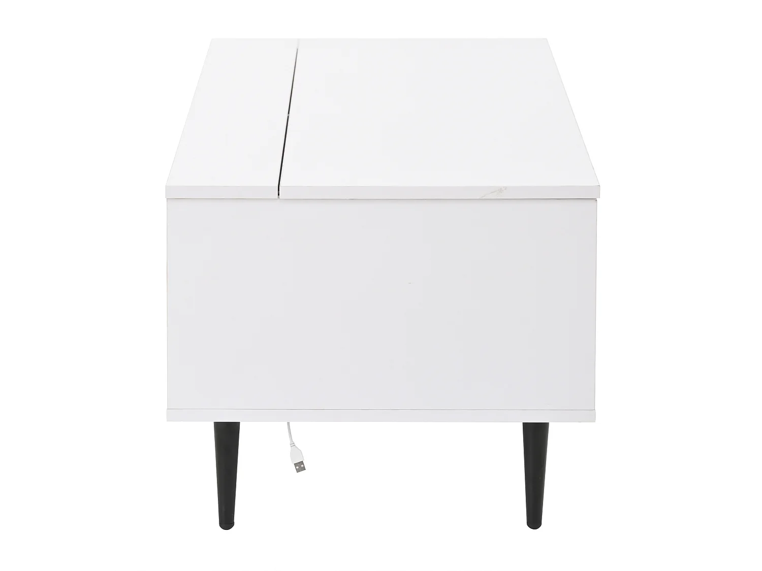 Mesa de centro elevatória em aglomerado branco, 105 x 50 cm, com arrumação e iluminação LED