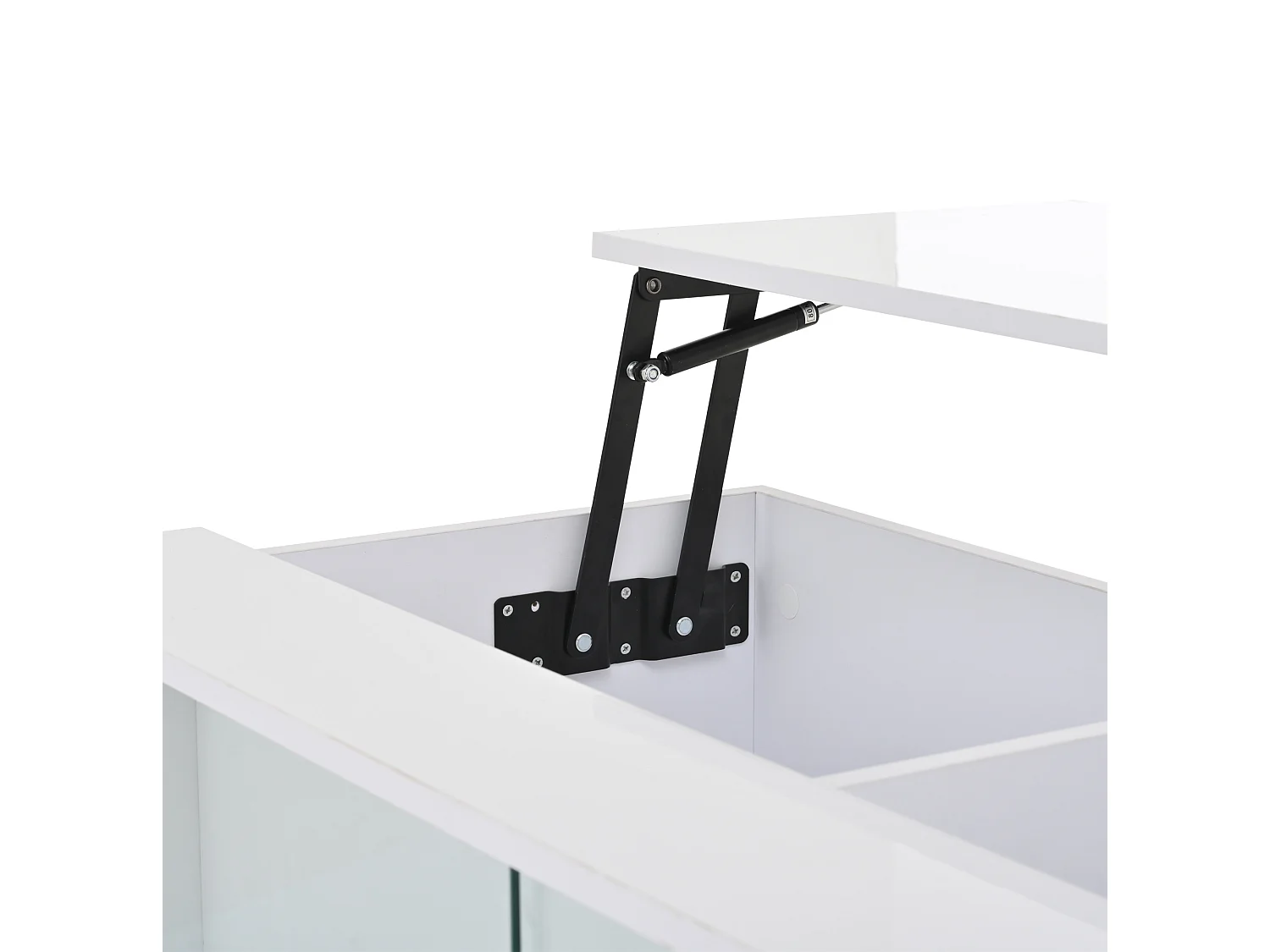 Mesa de centro elevatória em aglomerado branco, 105 x 50 cm, com arrumação e iluminação LED