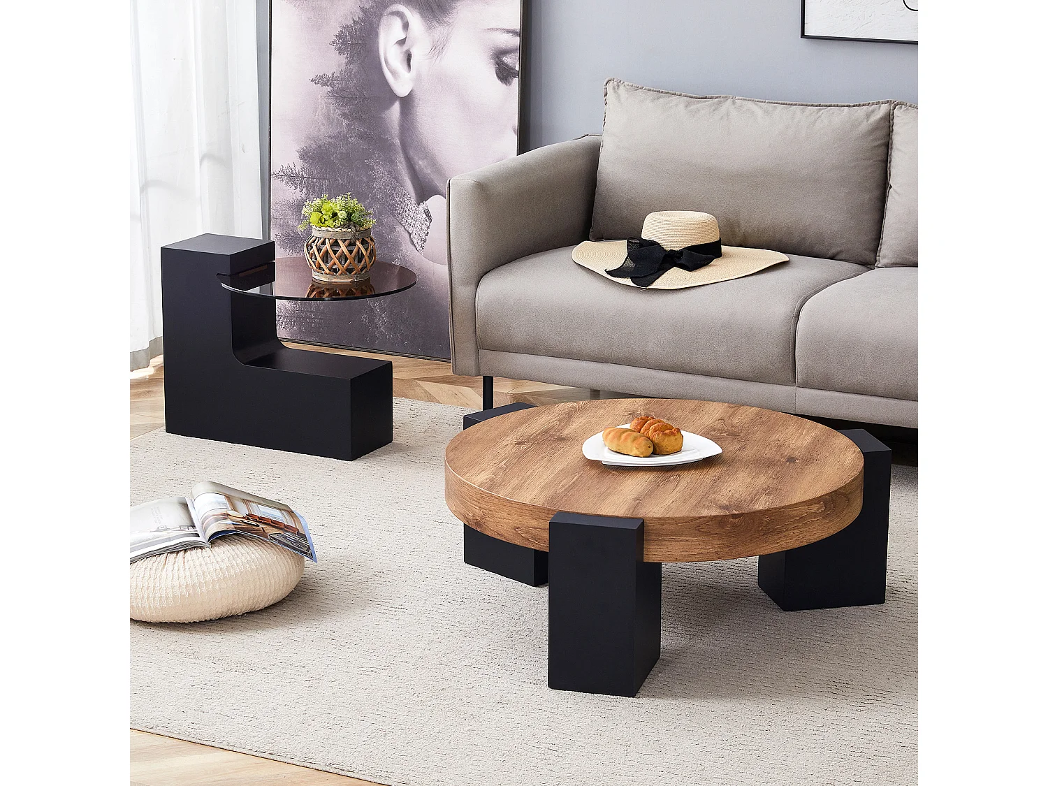 Table basse ronde 61/30 cm avec deux niveaux et table d'appoint 44/44 cm Noir Bois Ensemble 2 pièces