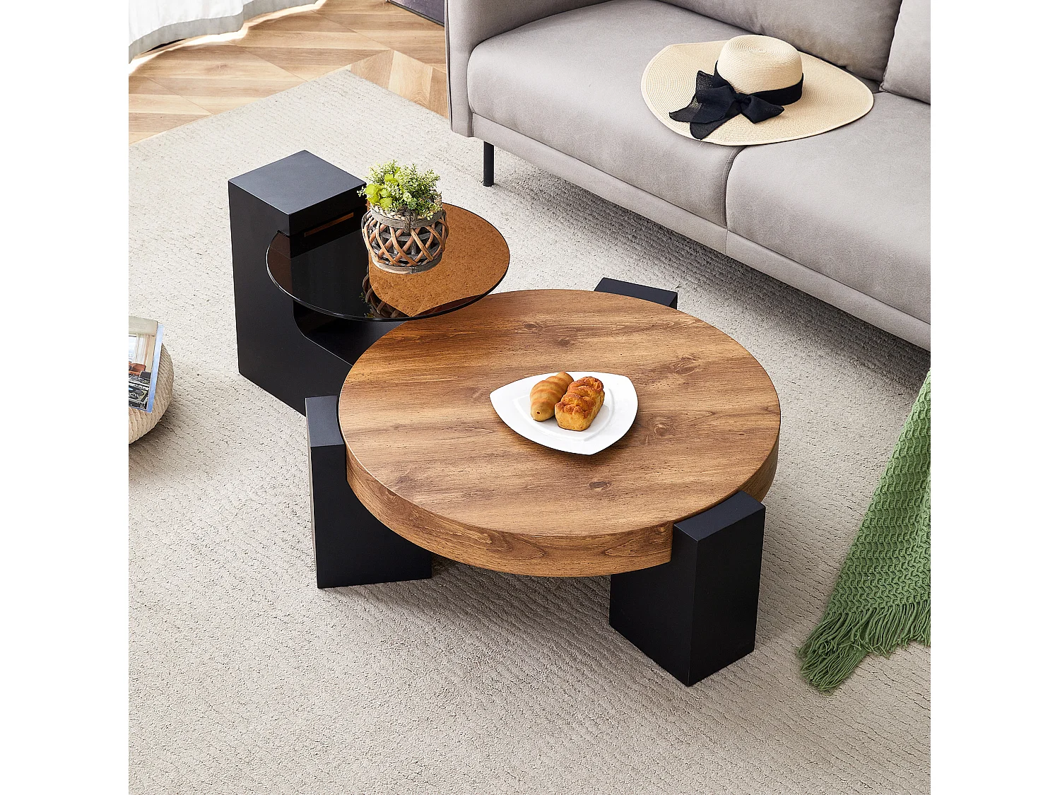 Table basse ronde 61/30 cm avec deux niveaux et table d'appoint 44/44 cm Noir Bois Ensemble 2 pièces
