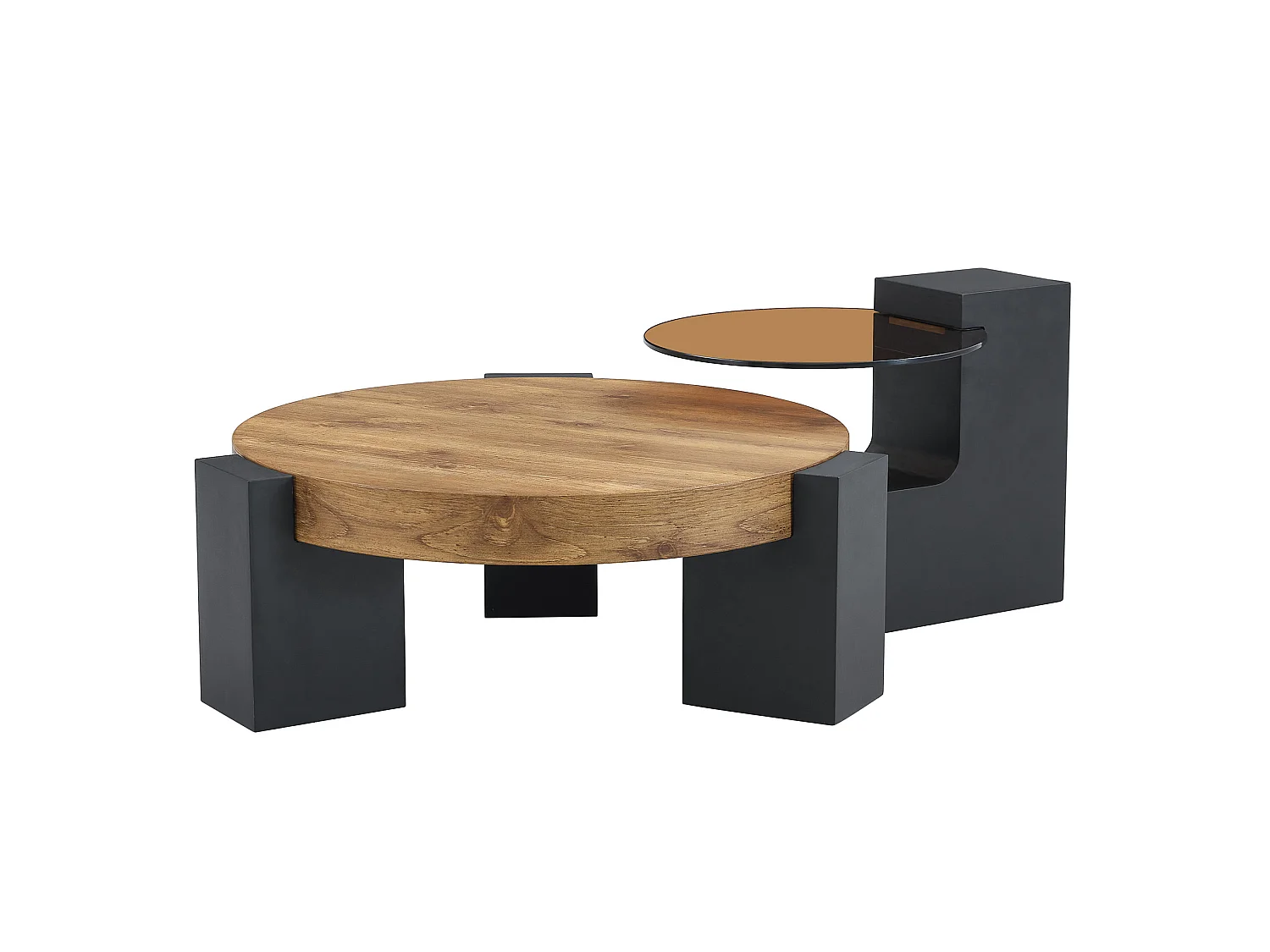 Table basse ronde 61/30 cm avec deux niveaux et table d'appoint 44/44 cm Noir Bois Ensemble 2 pièces