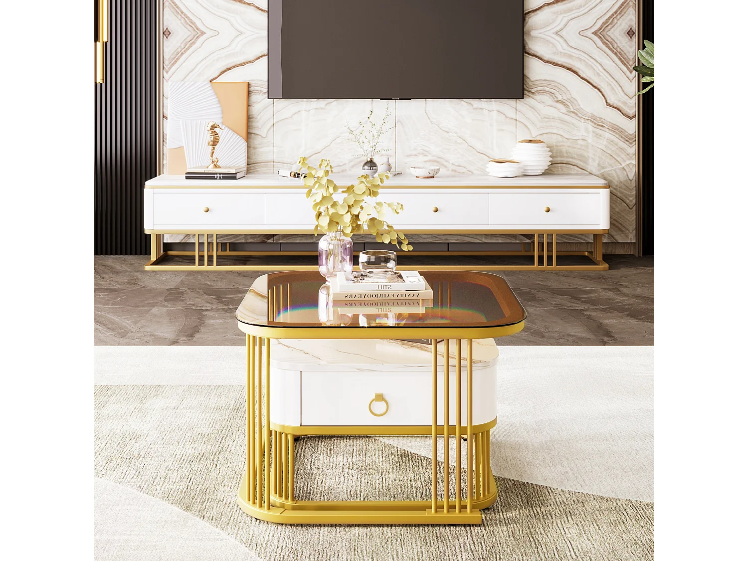 Table basse modulable 60/60/44.5 cm et 50/50/34.5 cm avec tiroirs effet marbre blanc et doré Ensemble 2 pièces