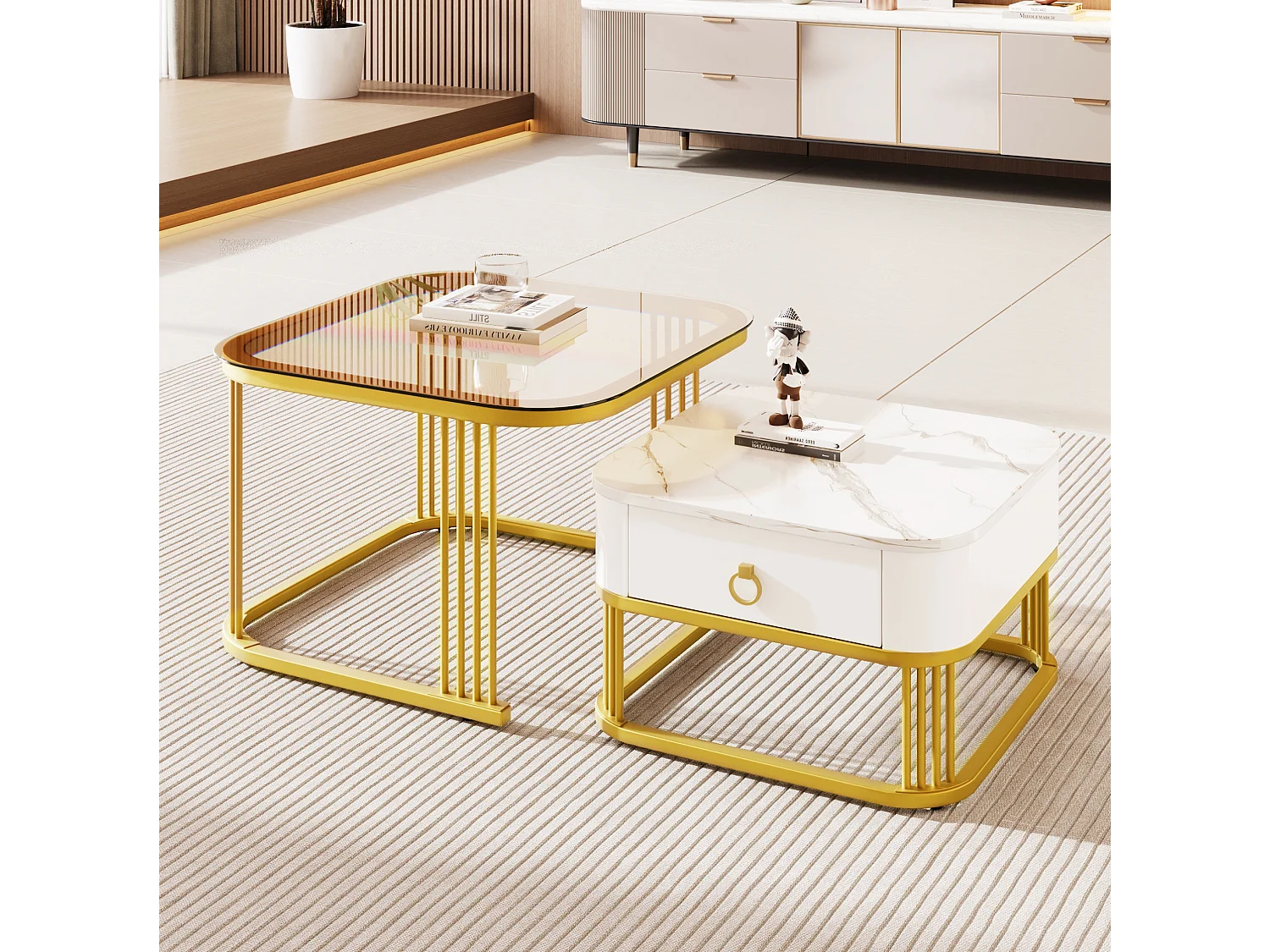 Table basse modulable 60/60/44.5 cm et 50/50/34.5 cm avec tiroirs effet marbre blanc et doré Ensemble 2 pièces