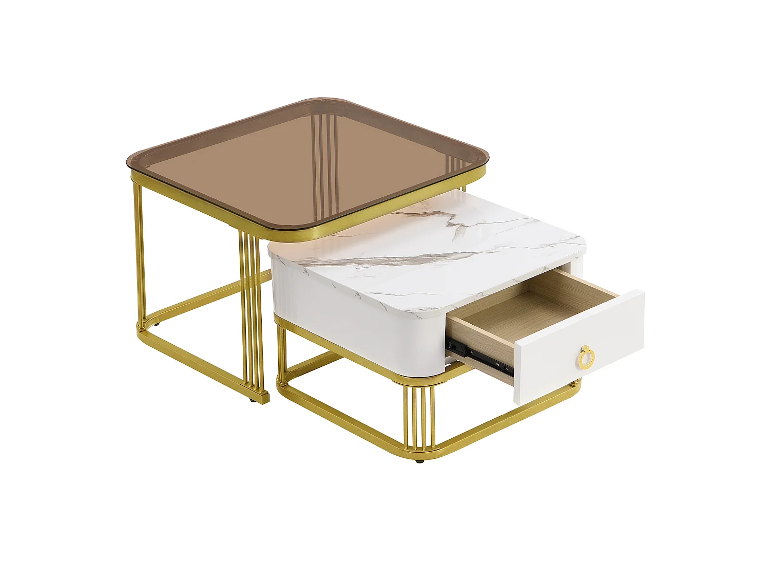 Table basse modulable 60/60/44.5 cm et 50/50/34.5 cm avec tiroirs effet marbre blanc et doré Ensemble 2 pièces