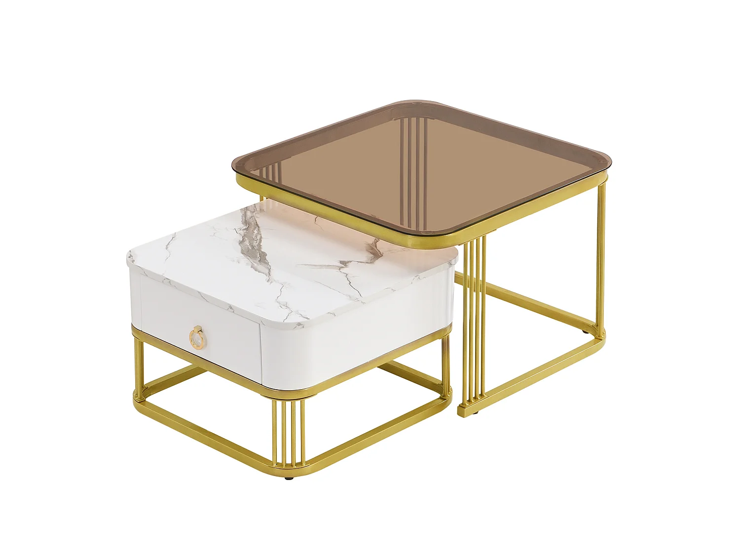 Table basse modulable 60/60/44.5 cm et 50/50/34.5 cm avec tiroirs effet marbre blanc et doré Ensemble 2 pièces