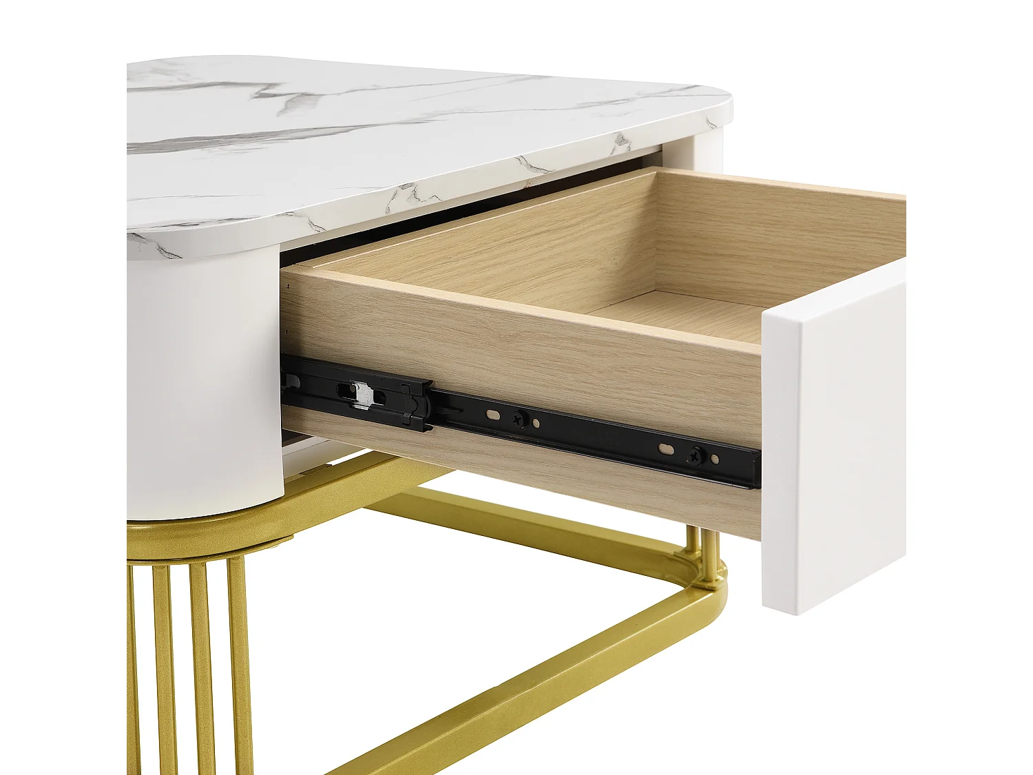 Table basse modulable 60/60/44.5 cm et 50/50/34.5 cm avec tiroirs effet marbre blanc et doré Ensemble 2 pièces
