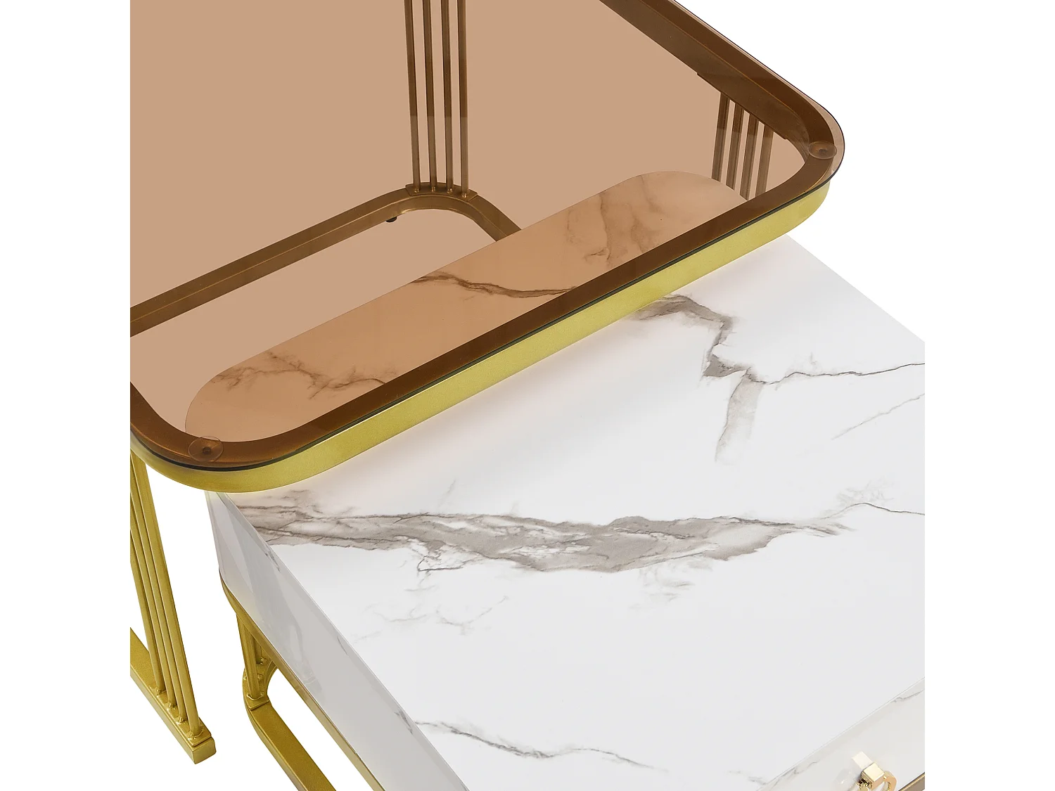 Table basse modulable 60/60/44.5 cm et 50/50/34.5 cm avec tiroirs effet marbre blanc et doré Ensemble 2 pièces