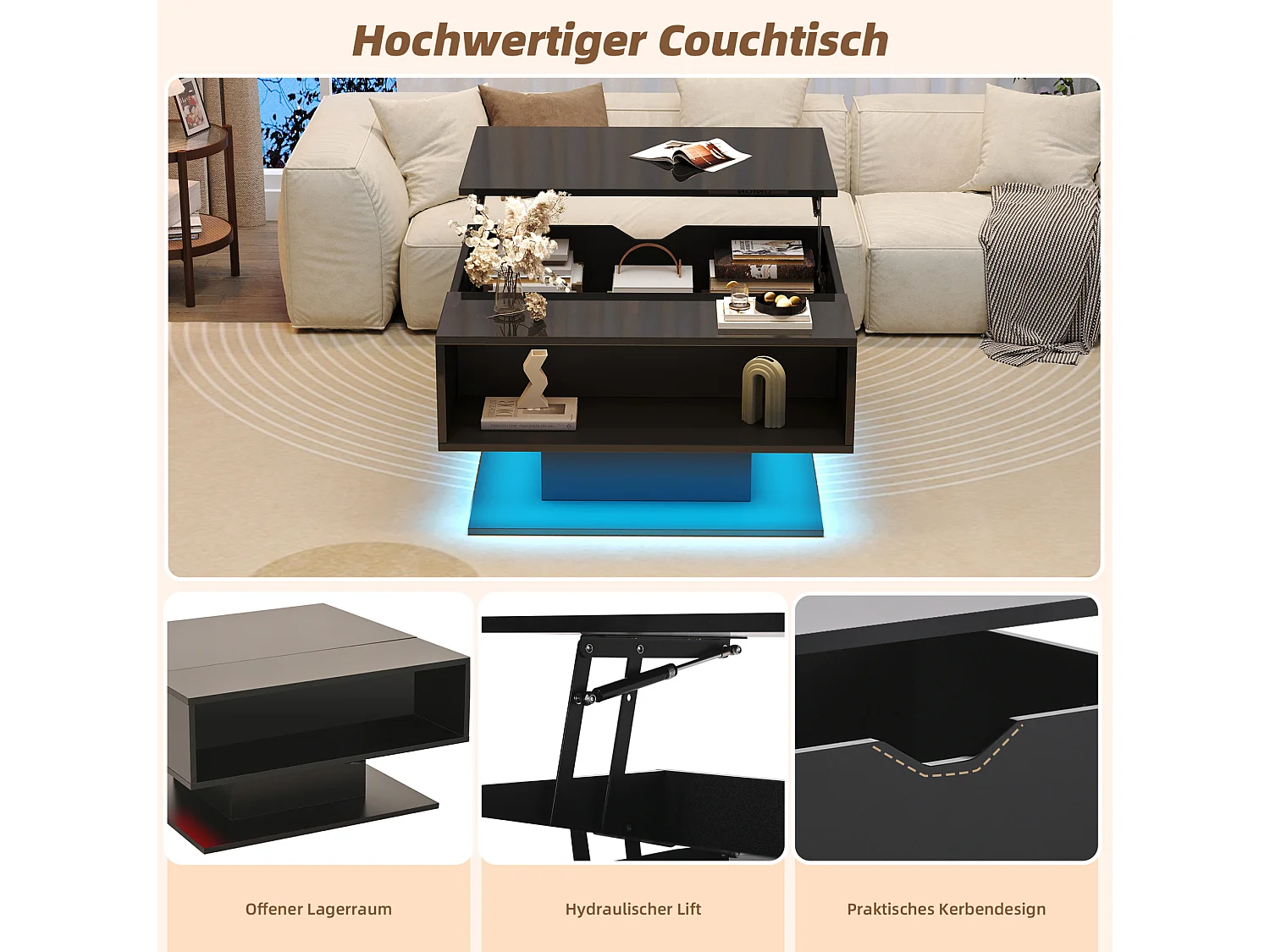 Tavolino da salotto elevabile in truciolato nero 80 x 75 x 40 cm con vani portaoggetti e LED