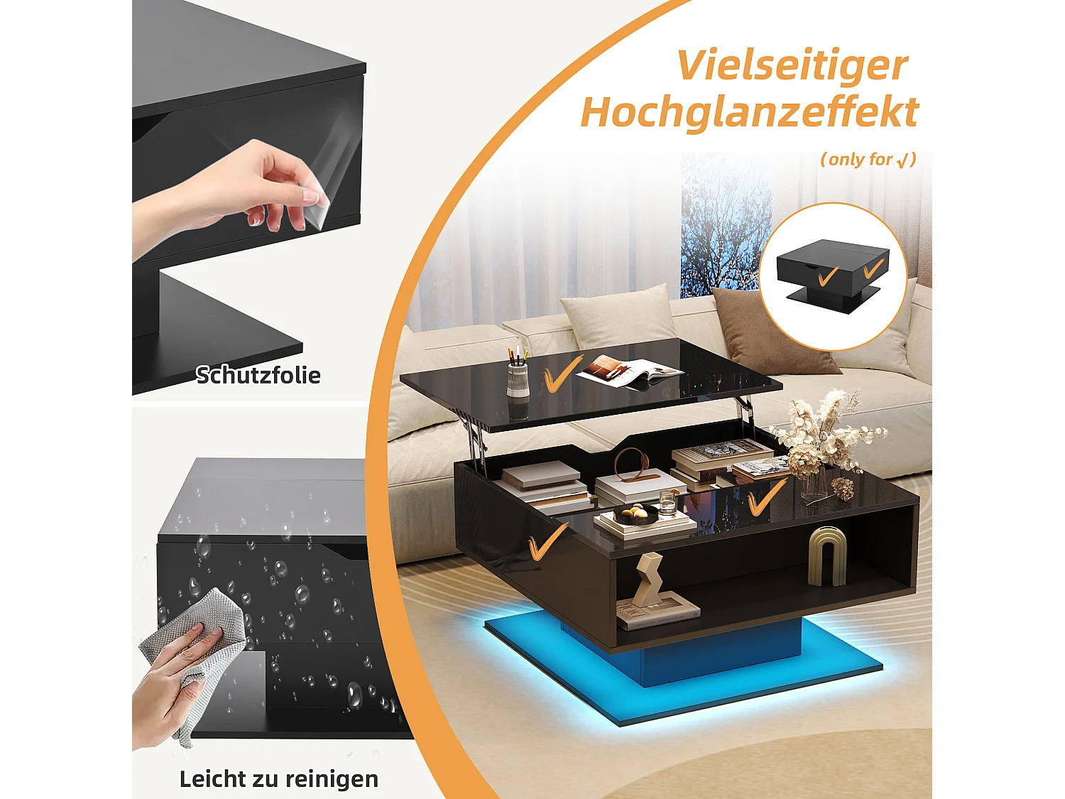 Tavolino da salotto elevabile in truciolato nero 80 x 75 x 40 cm con vani portaoggetti e LED
