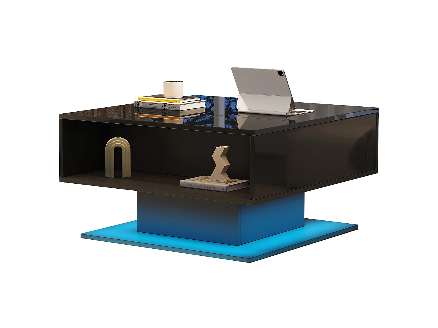 Tavolino da salotto elevabile in truciolato nero 80 x 75 x 40 cm con vani portaoggetti e LED