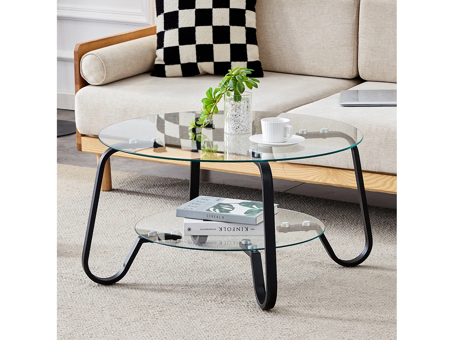 Table basse ronde avec deux niveaux Verre trempé noir