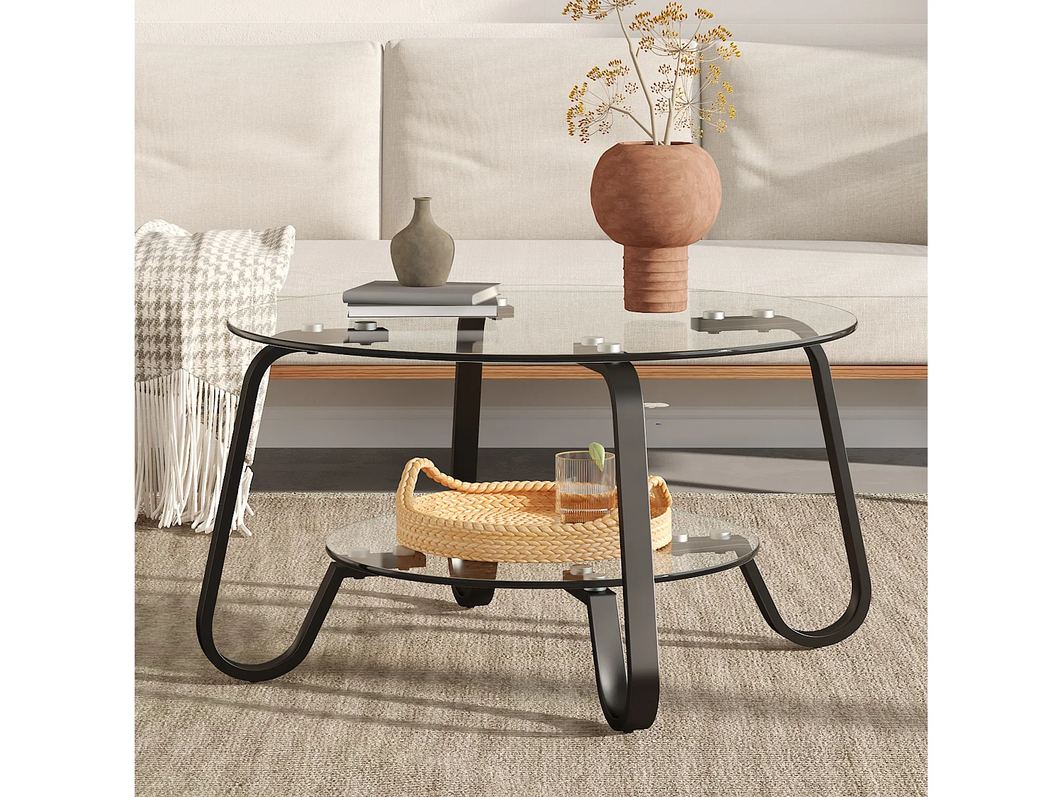 Table basse ronde avec deux niveaux Verre trempé noir