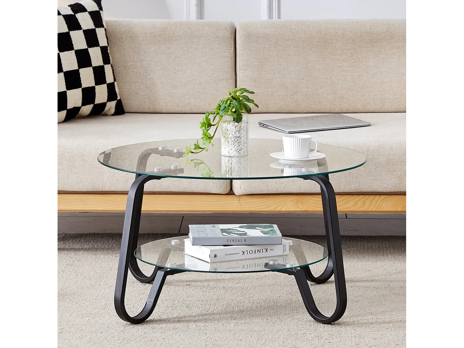 Table basse ronde avec deux niveaux Verre trempé noir
