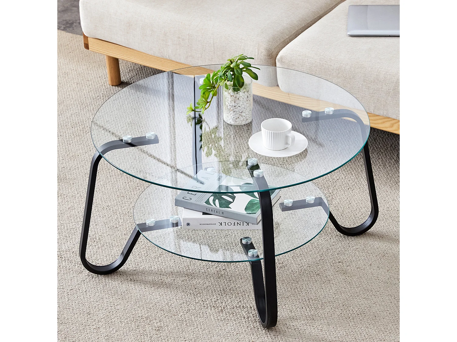 Table basse ronde avec deux niveaux Verre trempé noir