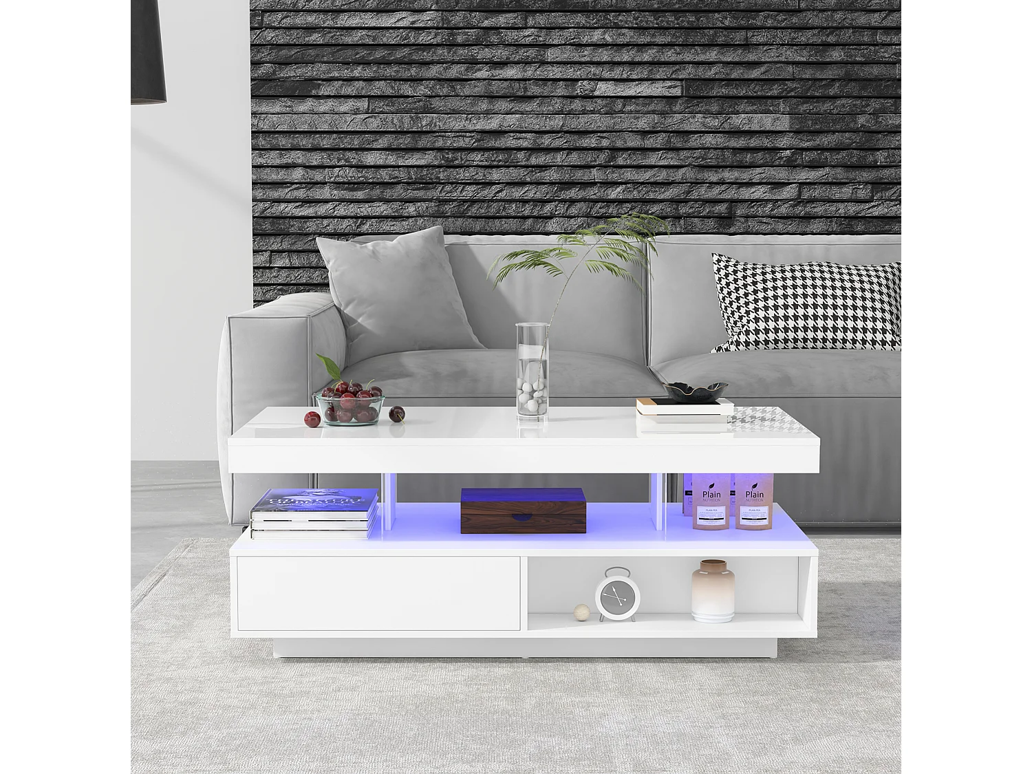 Mesa de centro em aglomerado branco brilhante com LED, 95 x 50 x 42,5 cm