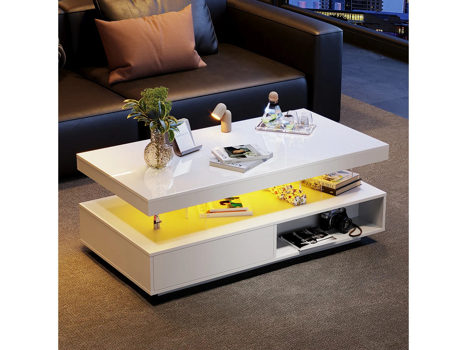 Mesa de centro em aglomerado branco brilhante com LED, 95 x 50 x 42,5 cm