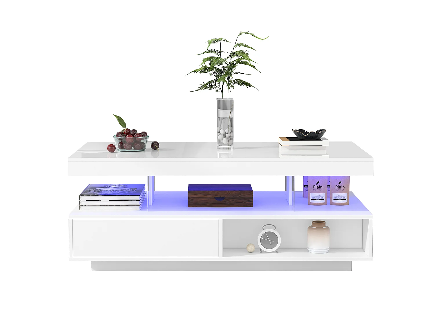 Mesa de centro em aglomerado branco brilhante com LED, 95 x 50 x 42,5 cm