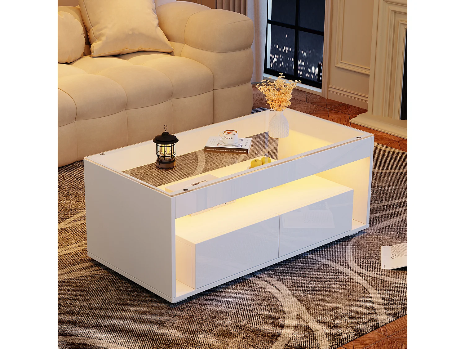 Mesa de centro em aglomerado branco e vidro temperado, 100 x 50 x 40 cm, com LED e 2 gavetas