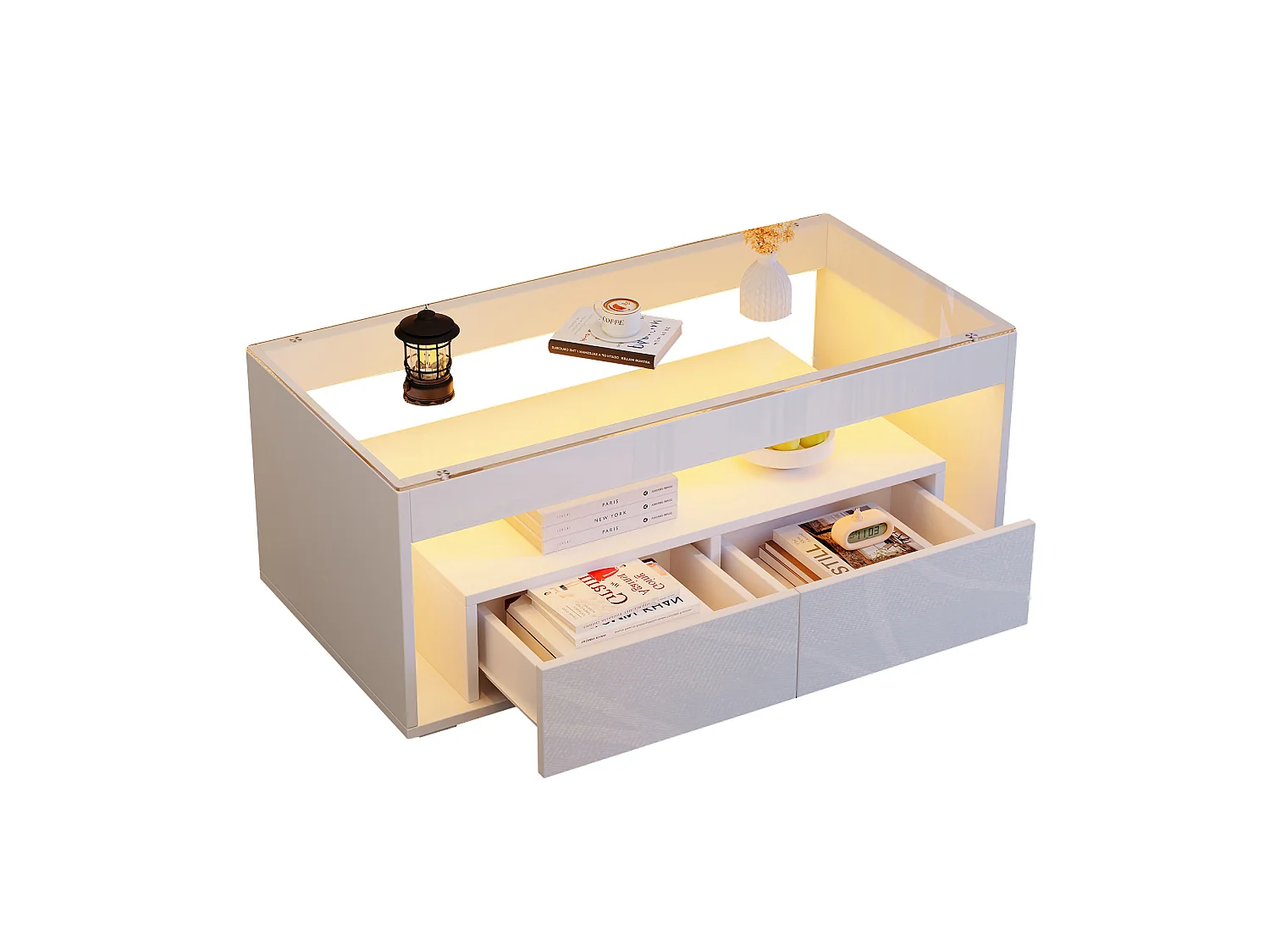 Mesa de centro em aglomerado branco e vidro temperado, 100 x 50 x 40 cm, com LED e 2 gavetas