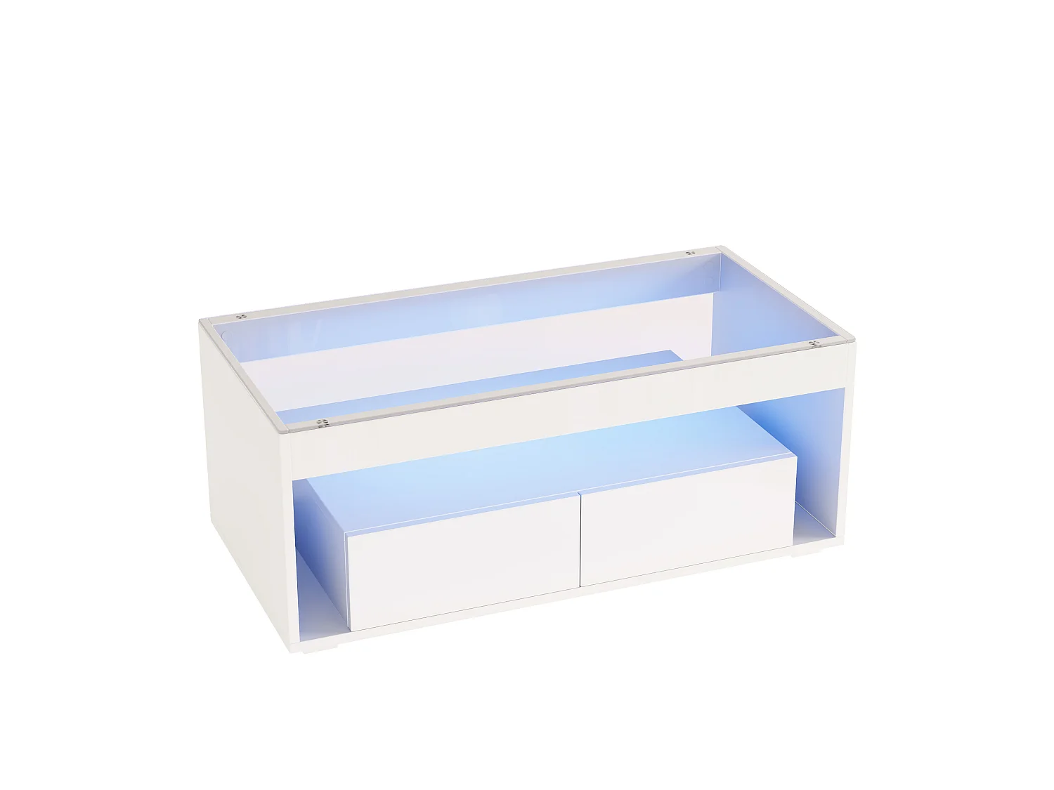 Mesa de centro em aglomerado branco e vidro temperado, 100 x 50 x 40 cm, com LED e 2 gavetas