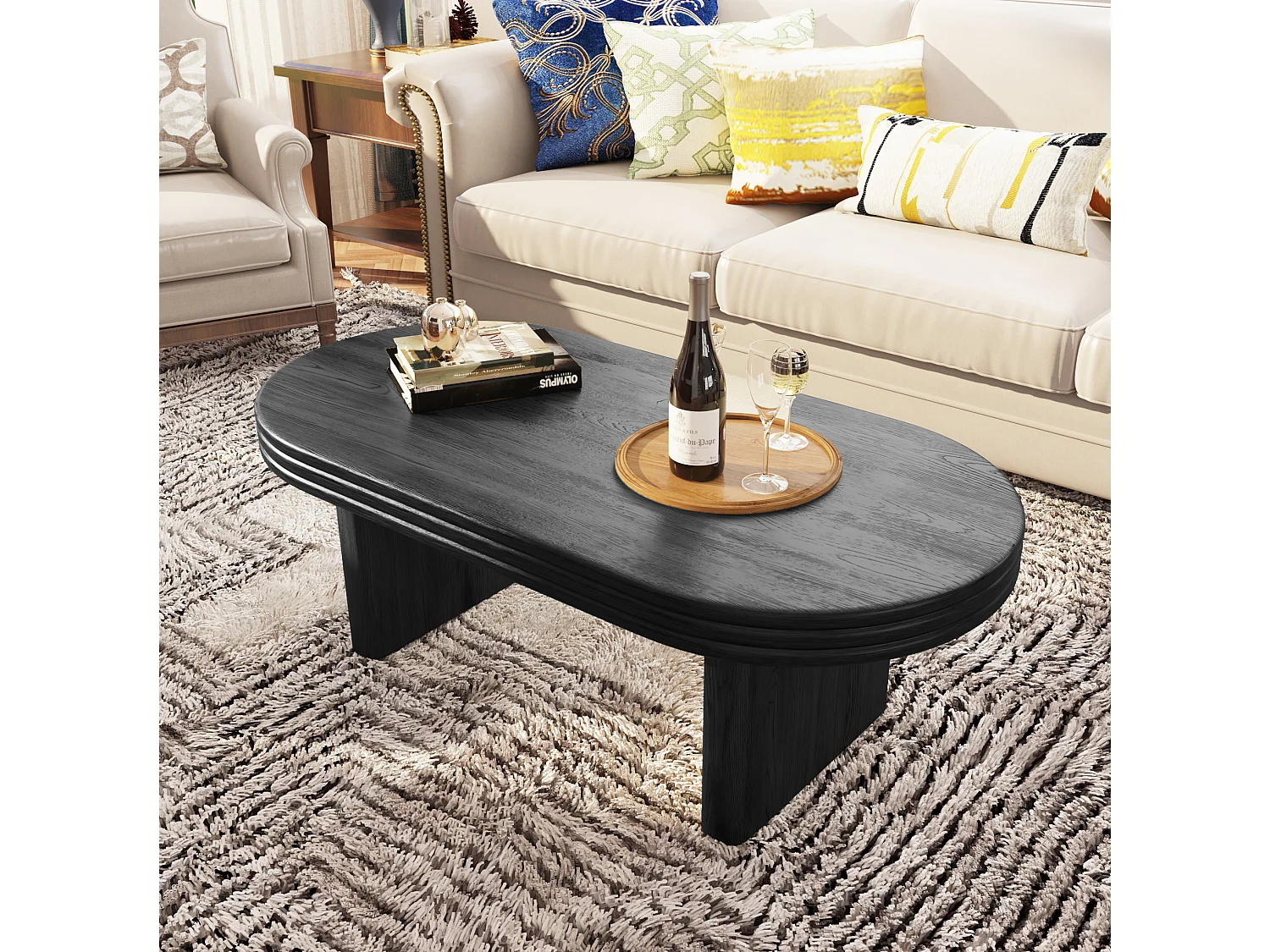 Table basse ovale 120/60/41.5 cm avec plateau robuste MDF et bois massif noir