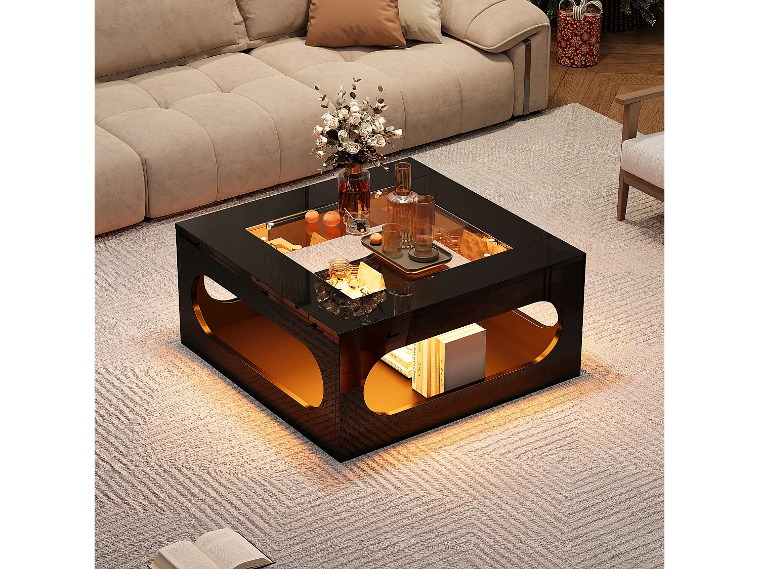 Table basse 70/70/35 cm avec éclairage LED et plateau en verre trempé MDF noir