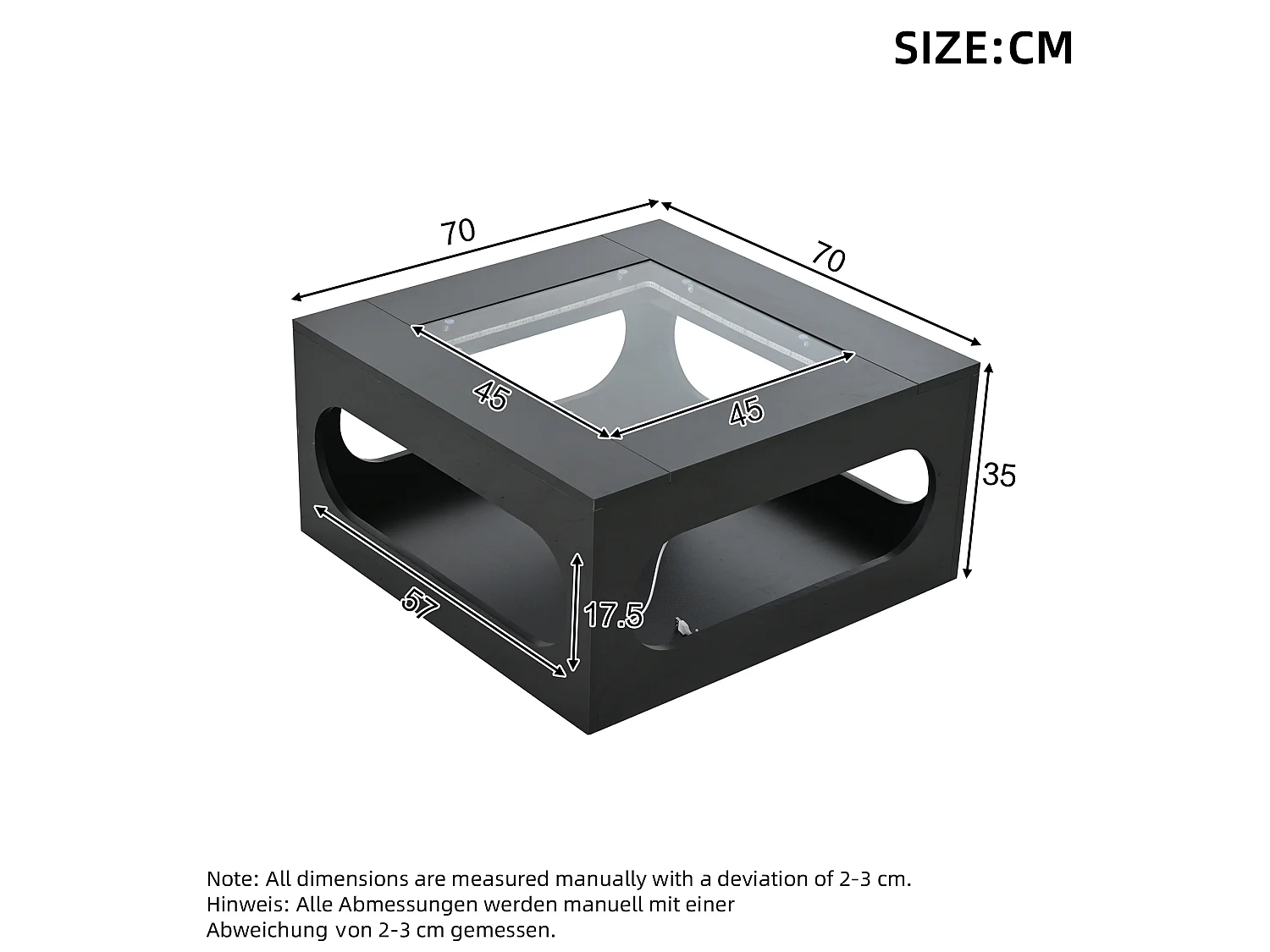 Table basse 70/70/35 cm avec éclairage LED et plateau en verre trempé MDF noir