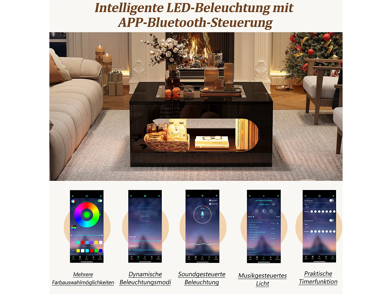 Table basse 70/70/35 cm avec éclairage LED et plateau en verre trempé MDF noir