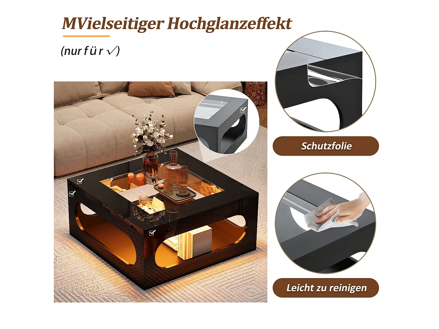 Table basse 70/70/35 cm avec éclairage LED et plateau en verre trempé MDF noir