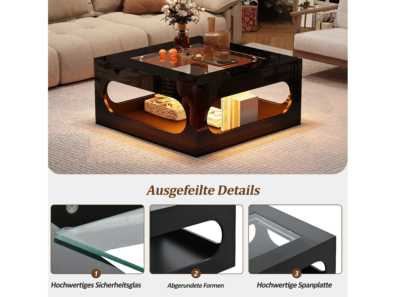 Table basse 70/70/35 cm avec éclairage LED et plateau en verre trempé MDF noir