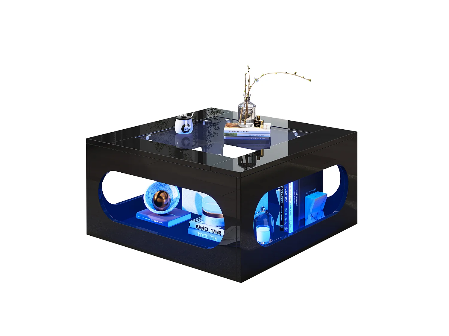Table basse 70/70/35 cm avec éclairage LED et plateau en verre trempé MDF noir