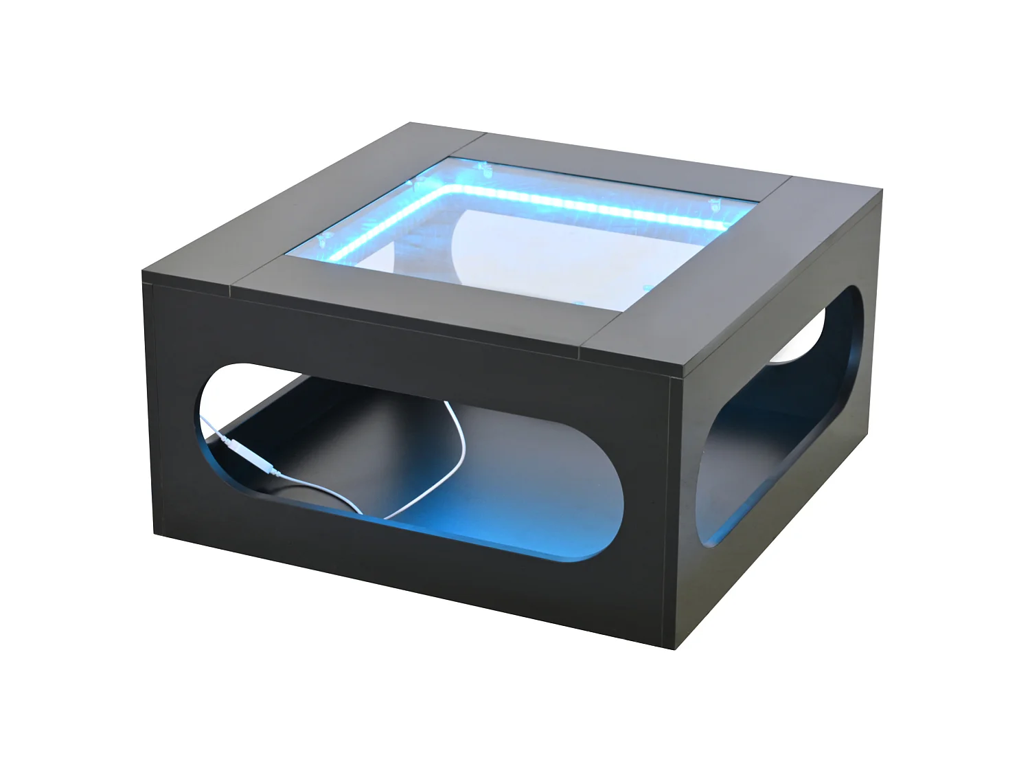 Table basse 70/70/35 cm avec éclairage LED et plateau en verre trempé MDF noir