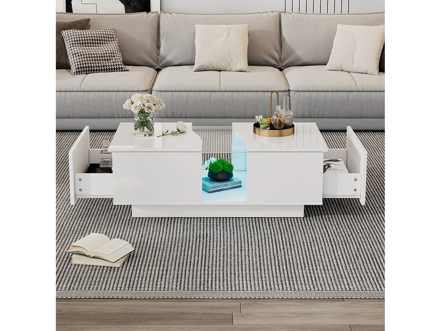 Tavolino da salotto in MDF e acrilico bianco con LED e 2 cassetti, 100 x 50 x 35 cm