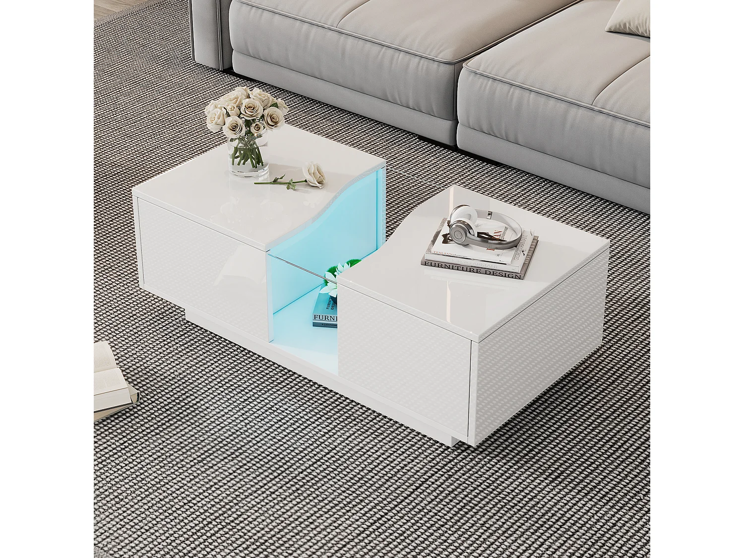 Tavolino da salotto in MDF e acrilico bianco con LED e 2 cassetti, 100 x 50 x 35 cm