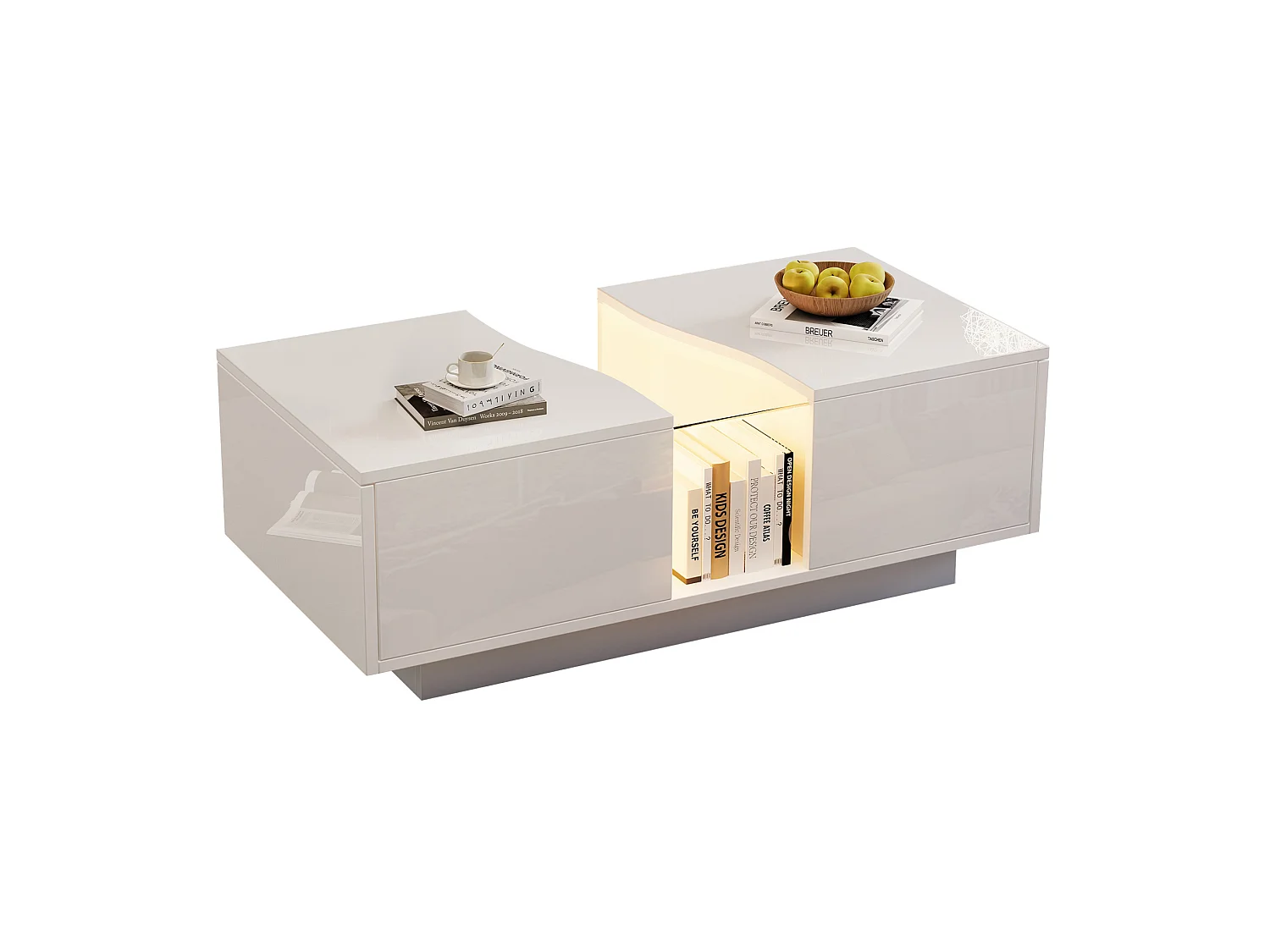 Tavolino da salotto in MDF e acrilico bianco con LED e 2 cassetti, 100 x 50 x 35 cm