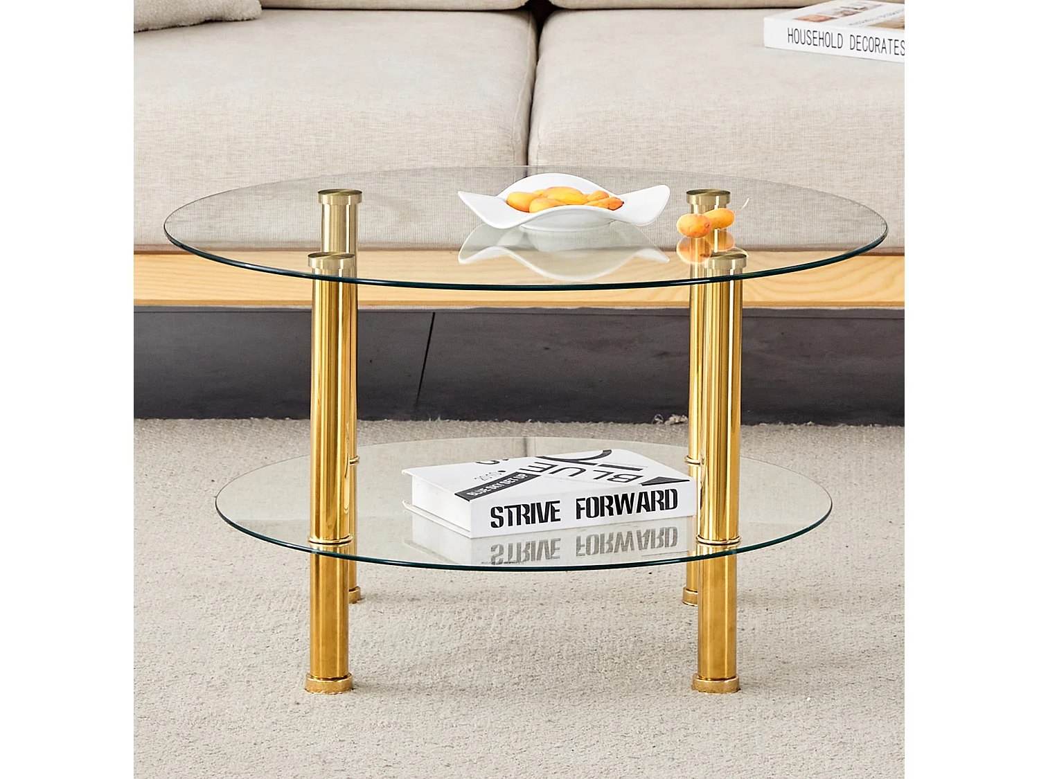 Table basse 70/42/70 cm avec double plateau en verre trempé et pieds métalliques dorés Transparent doré