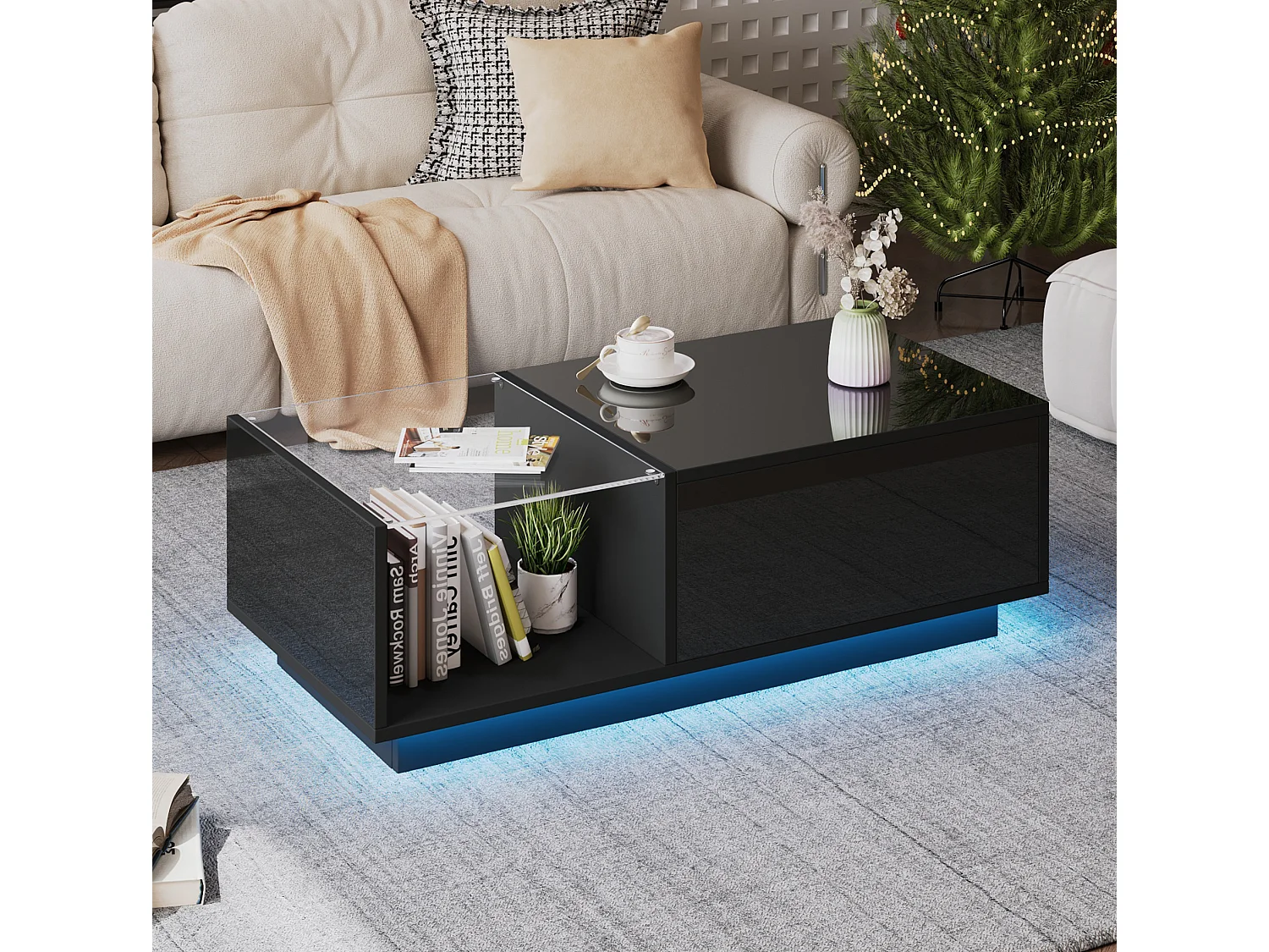 Tavolino da salotto in truciolato nero lucido 100 x 50 x 33 cm con piano sollevabile, contenitori e LED