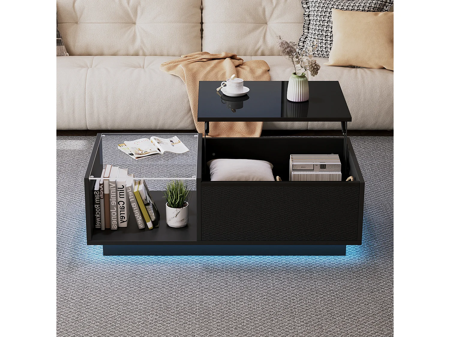 Tavolino da salotto in truciolato nero lucido 100 x 50 x 33 cm con piano sollevabile, contenitori e LED