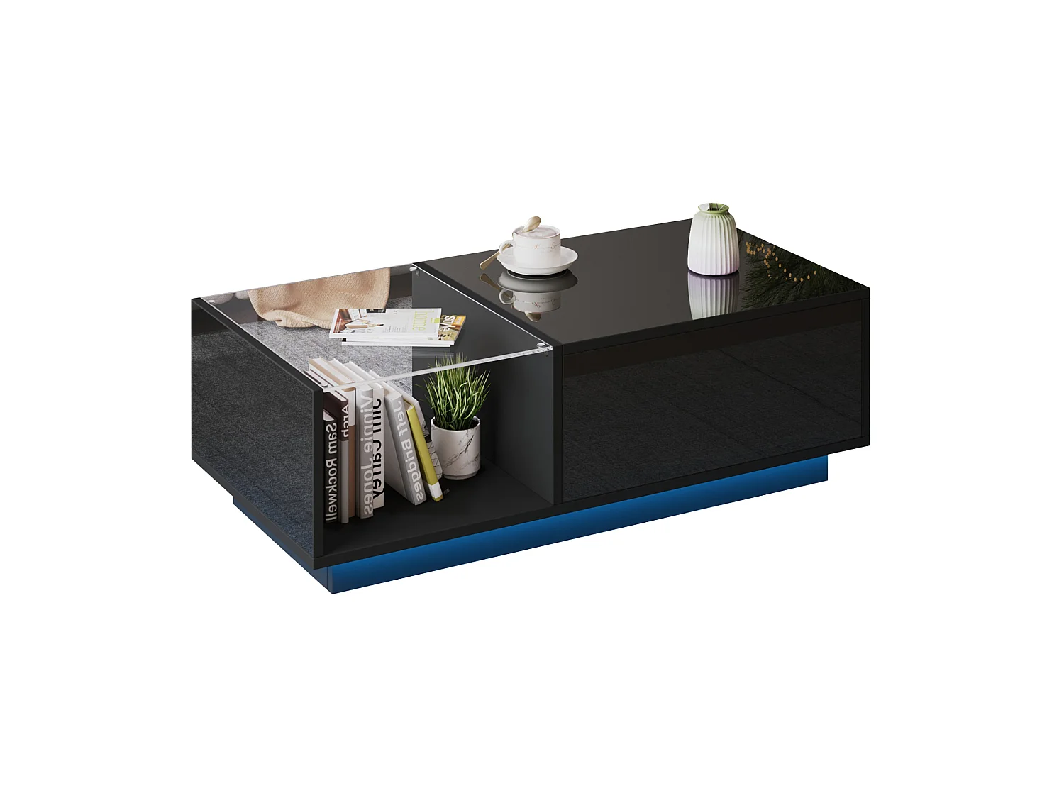 Tavolino da salotto in truciolato nero lucido 100 x 50 x 33 cm con piano sollevabile, contenitori e LED
