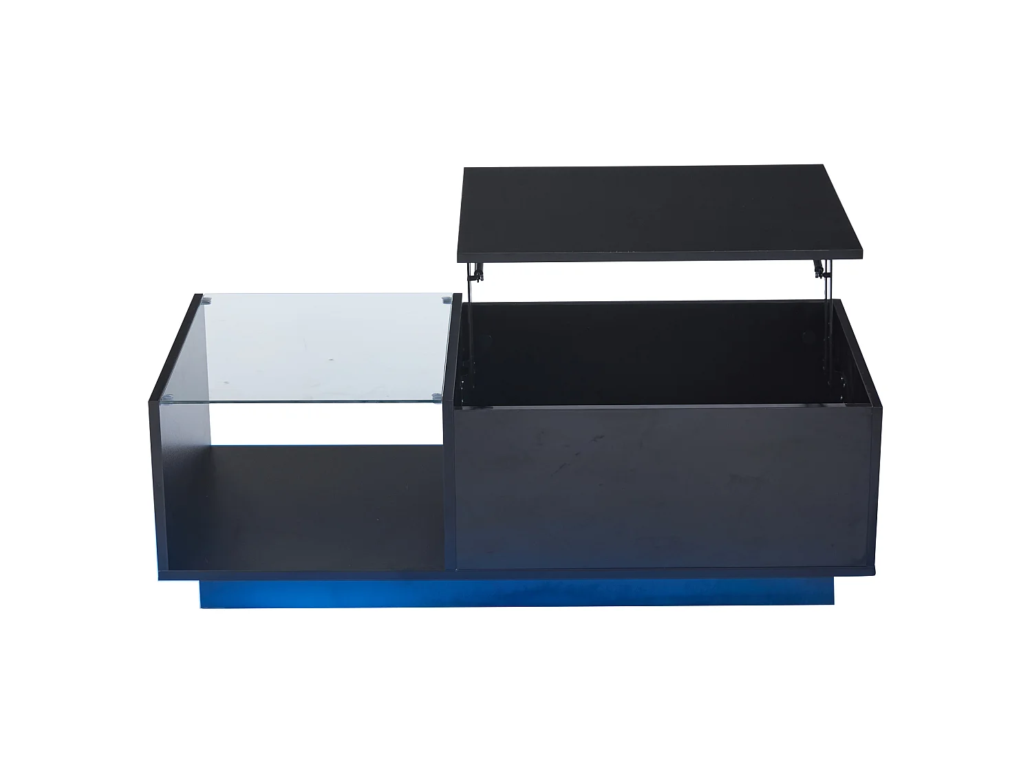 Tavolino da salotto in truciolato nero lucido 100 x 50 x 33 cm con piano sollevabile, contenitori e LED